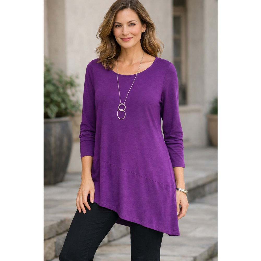Eileen Fisher Jersey Tunic Scoop Neck Sz L Asymmetrical Hem Long Sleeve Purple